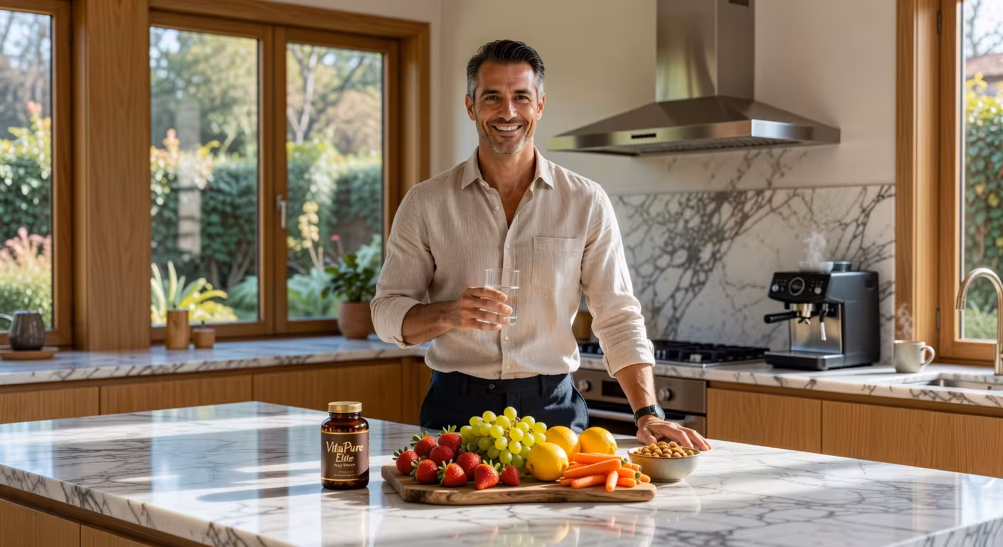 Hombre tomando vitaminas y suplementos para combatir la fatiga en una cocina de lujo