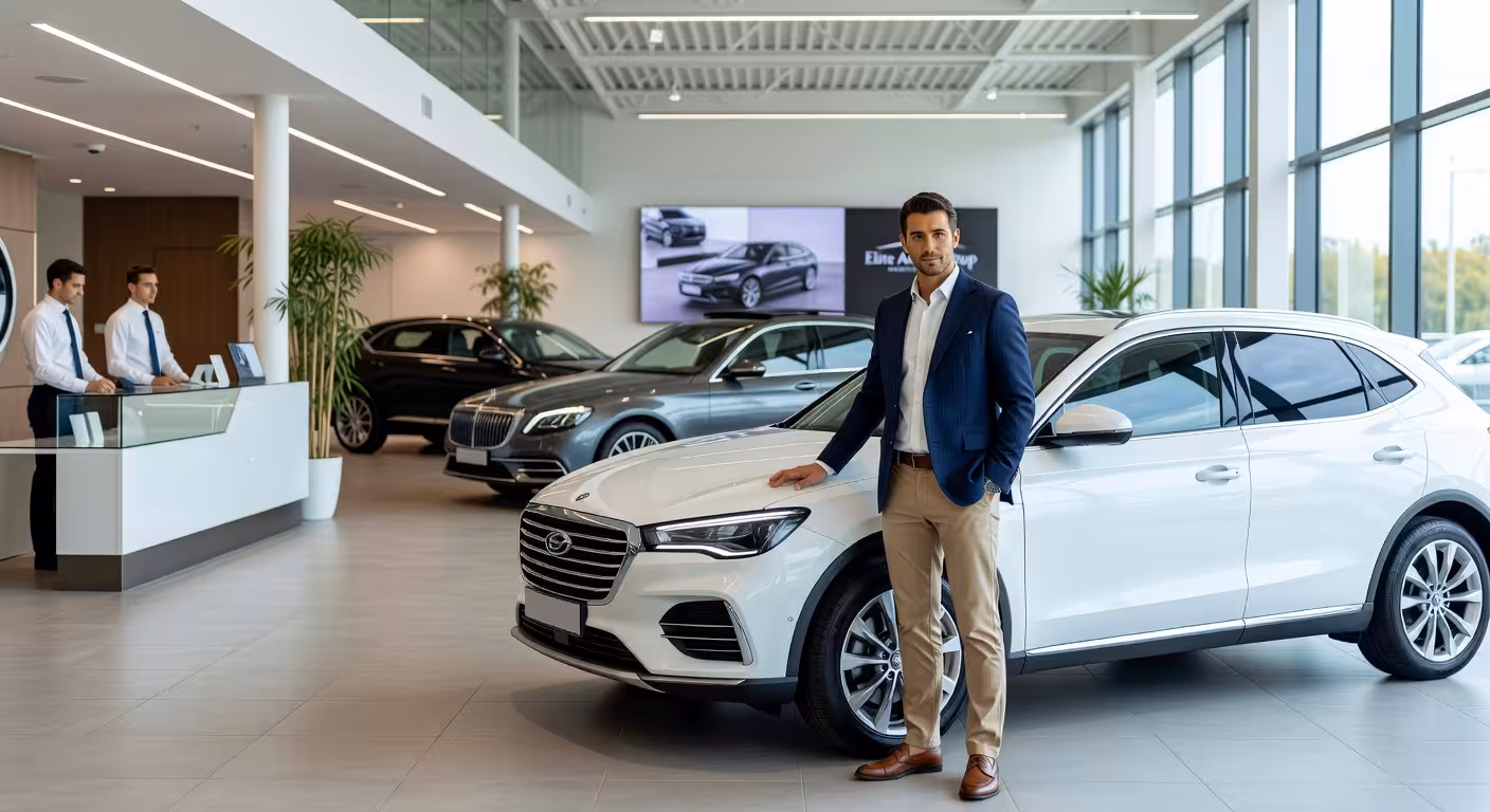Hombre examinando coche nuevo en concesionario moderno - Renting vs compra de vehículos
