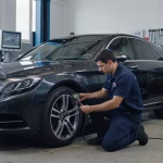 Mecánico profesional revisando la presión de los neumáticos en un taller moderno de España para ahorrar en mantenimiento del coche