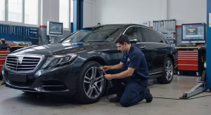Cómo ahorrar considerablemente en el mantenimiento de tu coche: guía práctica Mecánico profesional revisando la presión de los neumáticos en un taller moderno de España para ahorrar en mantenimiento del coche