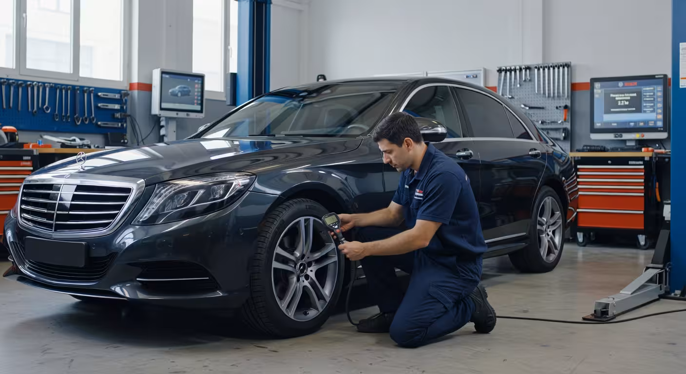 Mecánico profesional revisando la presión de los neumáticos en un taller moderno de España para ahorrar en mantenimiento del coche