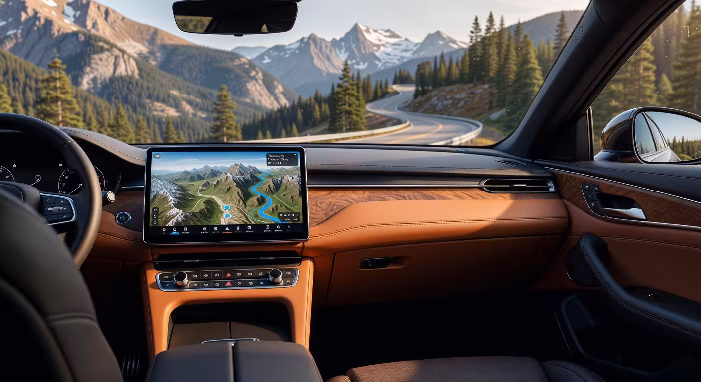 Interior de coche de lujo con sistema de navegación moderno mostrando ruta en pantalla táctil durante viaje por carretera