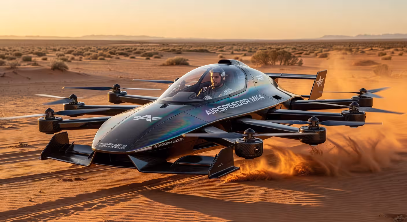 Airspeeder Mk4 de Alauda Aeronautics sobrevolando el desierto australiano con su diseño futurista de fibra de carbono