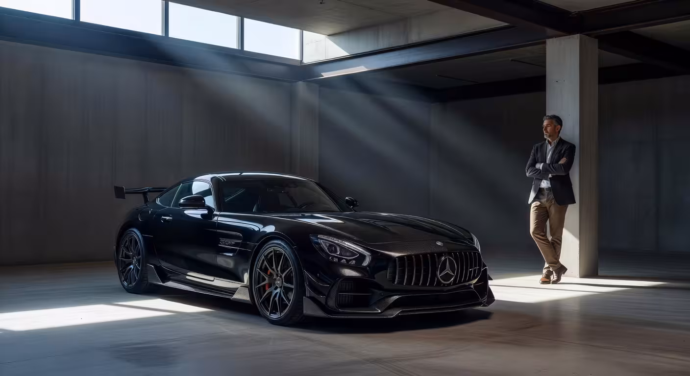 Coche deportivo de lujo personalizado con kit de carrocería en fibra de carbono y llantas forjadas en garaje moderno