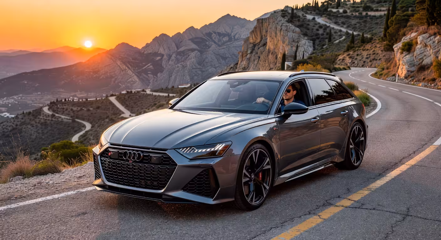 Audi RS6 Avant Performance en gris Nardo aparcado en carretera de montaña española al atardecer