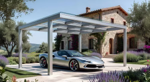 Carport moderno de aluminio protegiendo coche deportivo de lujo en villa mediterránea