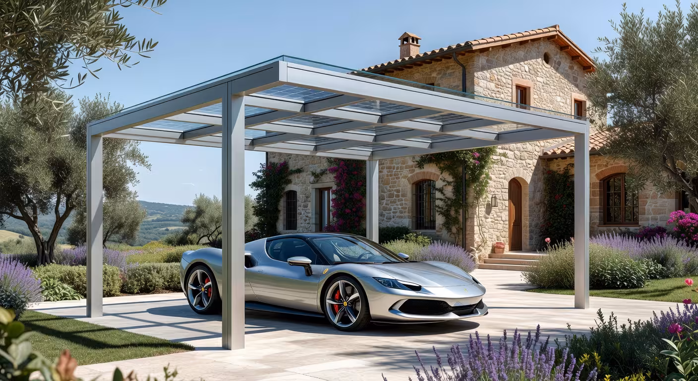 Carport moderno de aluminio protegiendo coche deportivo de lujo en villa mediterránea