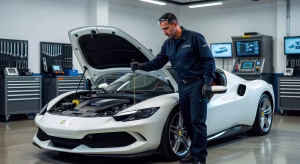 Así disfrutarás de tu coche durante muchos años: guía de mantenimiento premium Mecánico profesional revisando el nivel de aceite en un coche de lujo en un taller premium moderno