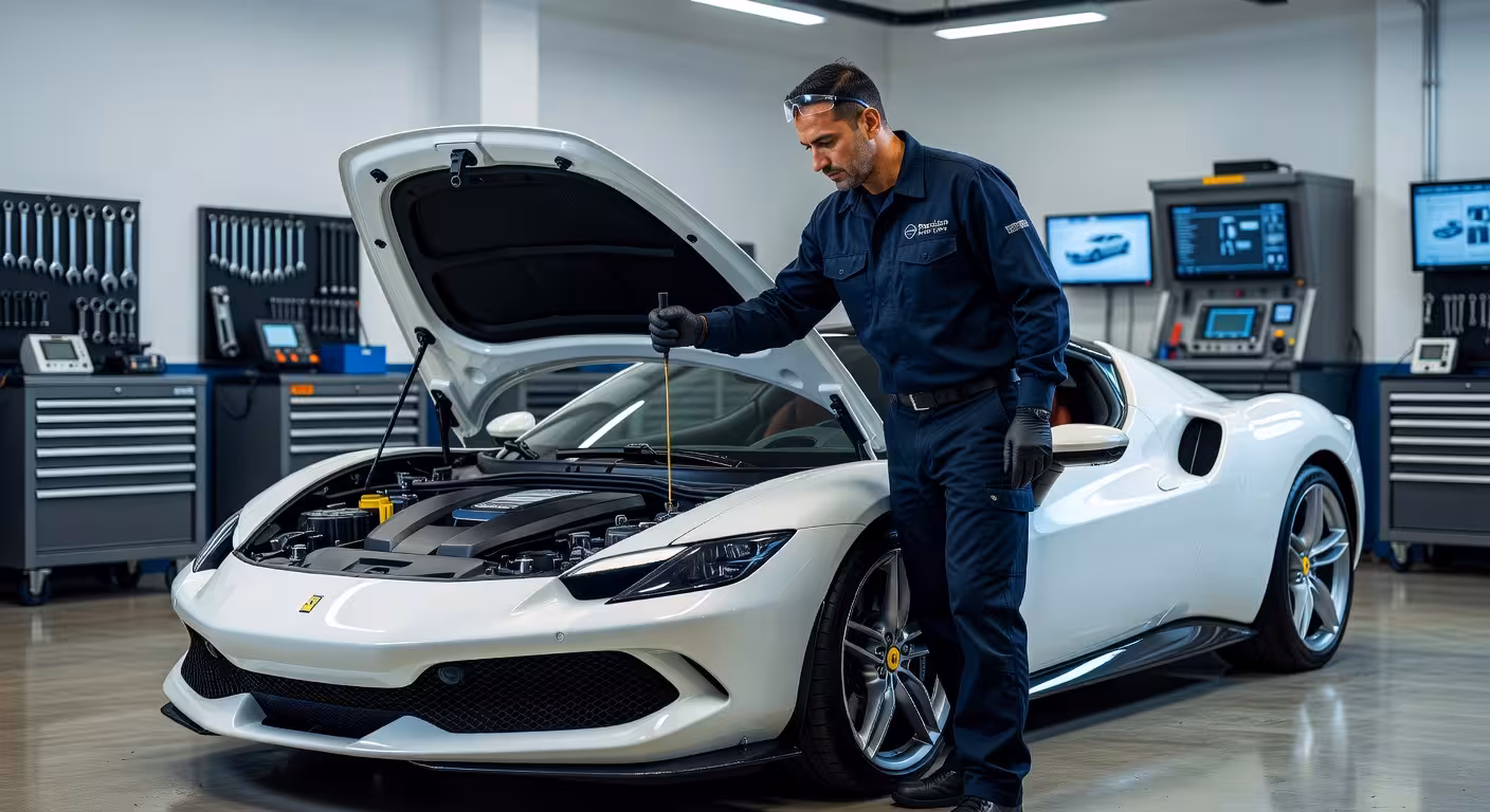 Mecánico profesional revisando el nivel de aceite en un coche de lujo en un taller premium moderno