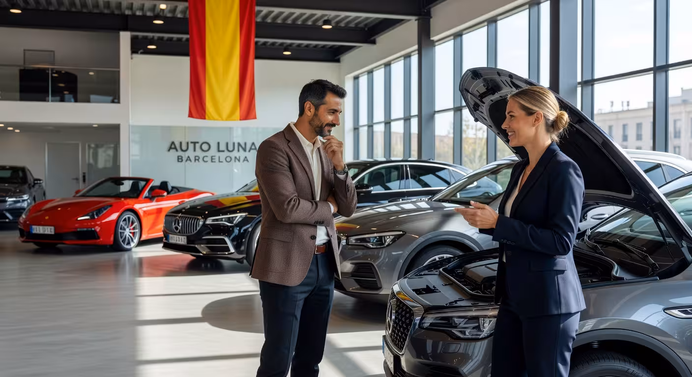 Cliente examinando un coche nuevo en concesionario español con asesor comercial