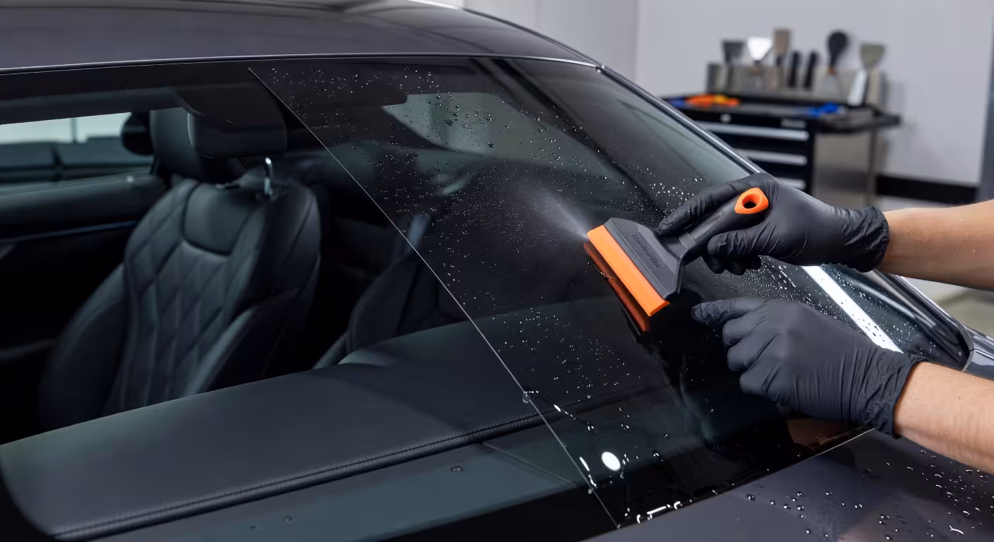 Proceso profesional de instalación de lámina de tintado en luna trasera de coche de lujo