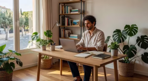 Freelance profesional trabajando desde casa en oficina moderna organizada