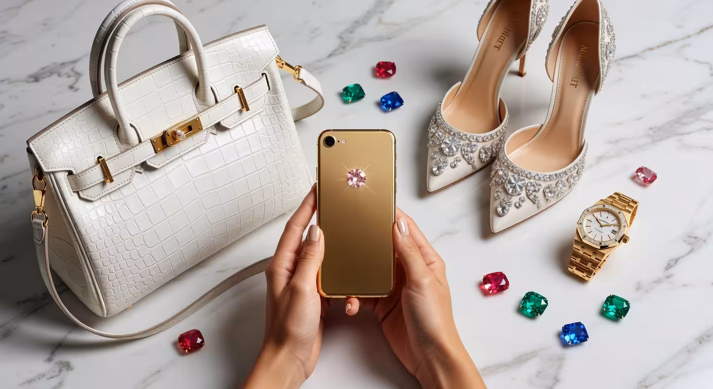 Composición de objetos de lujo extremo incluyendo teléfono de oro, bolso Hermès y zapatos con diamantes