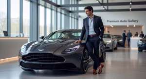 Hombre examinando coche de renting en concesionario premium