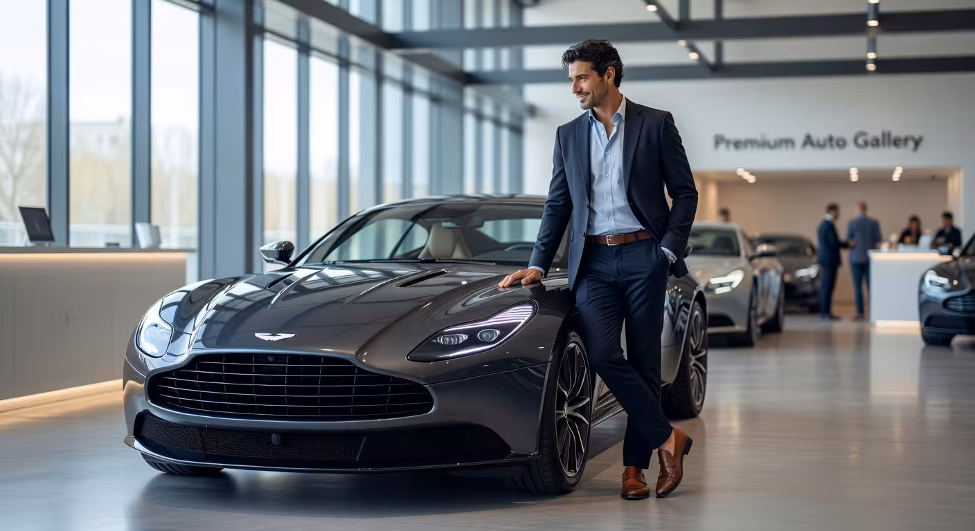Renting de coches para particulares: cómo funciona y por qué está en auge Hombre examinando coche de renting en concesionario premium