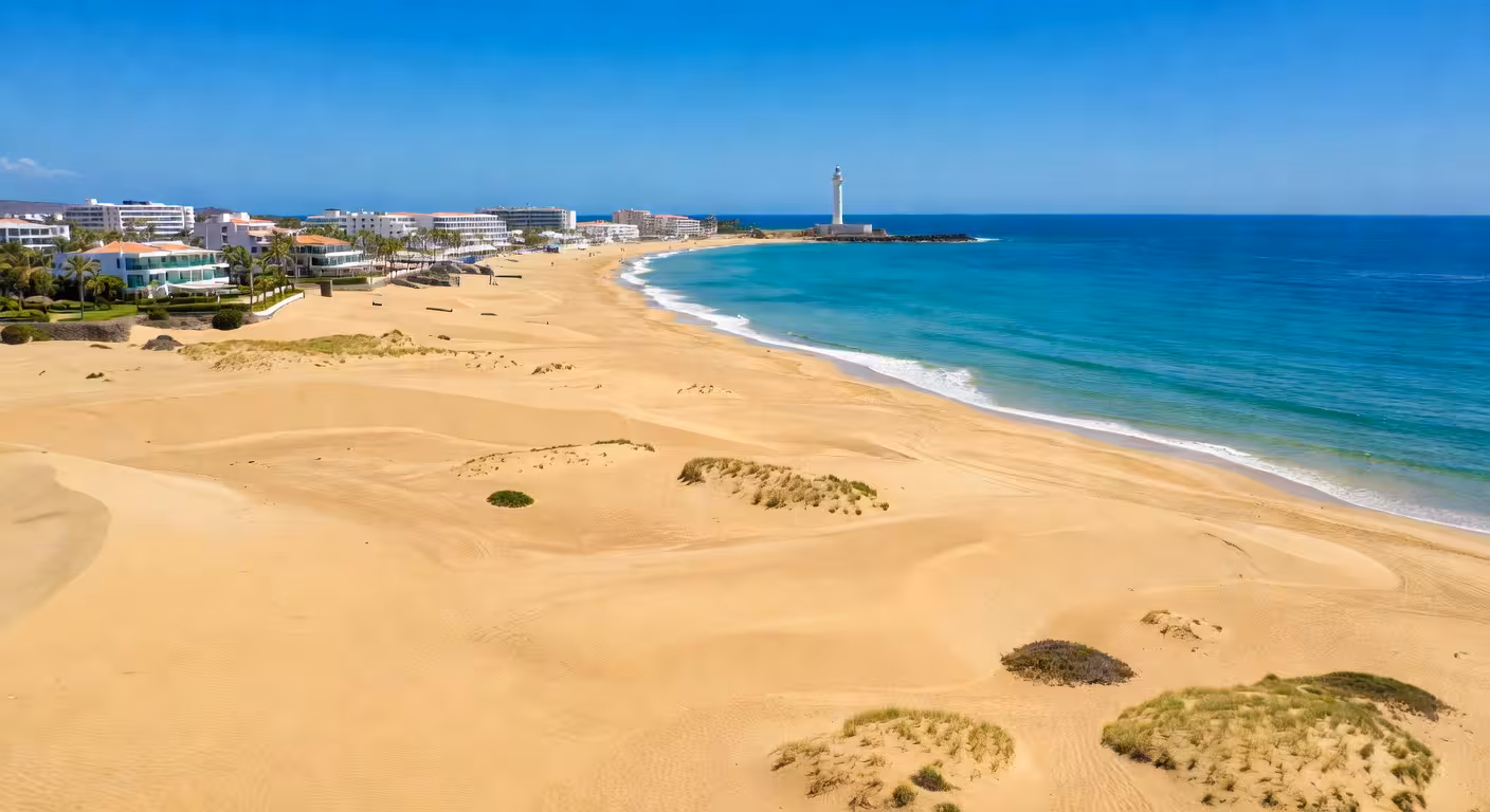 Dunas de Maspalomas en Gran Canaria con vista aérea mostrando el contraste entre las dunas doradas y el océano Atlántico