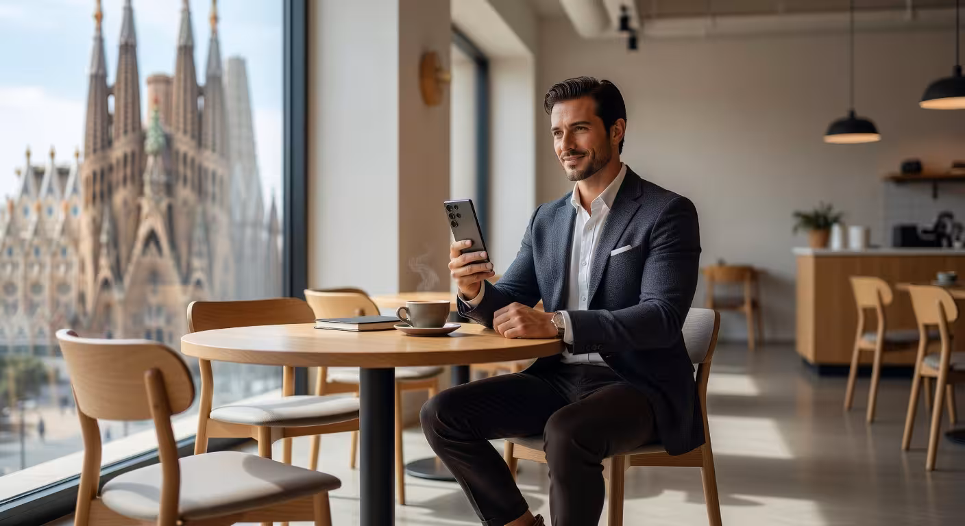 Hombre usando smartphone premium en entorno moderno