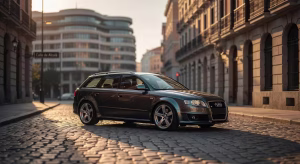 Youngtimers para emprendedores: inversión inteligente sobre ruedas Youngtimer deportivo alemán aparcado en entorno urbano premium, representando la inversión inteligente en coches clásicos modernos