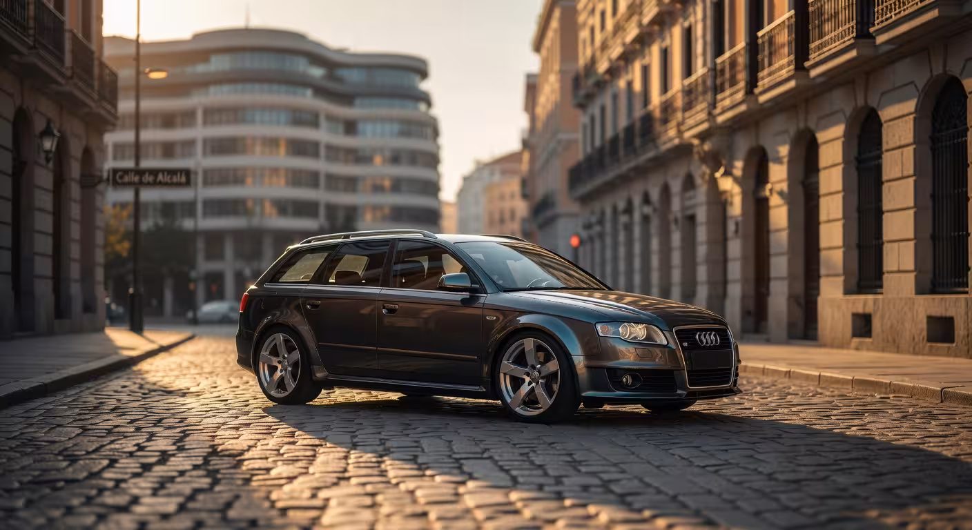 Youngtimers para emprendedores: inversión inteligente sobre ruedas Youngtimer deportivo alemán aparcado en entorno urbano premium, representando la inversión inteligente en coches clásicos modernos