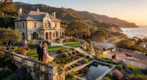 Mansión ecuestre de estilo francés en Malibu Hills con vistas al océano, jardines exuberantes y establos de caballos