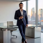 Hombre de negocios usando iPhone en oficina moderna de lujo