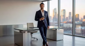 Hombre de negocios usando iPhone en oficina moderna de lujo