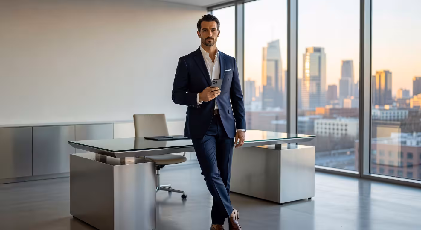 Hombre de negocios usando iPhone en oficina moderna de lujo