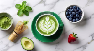 Taza de matcha latte verde vibrante con espuma sobre superficie de mármol blanco, alternativa saludable al café