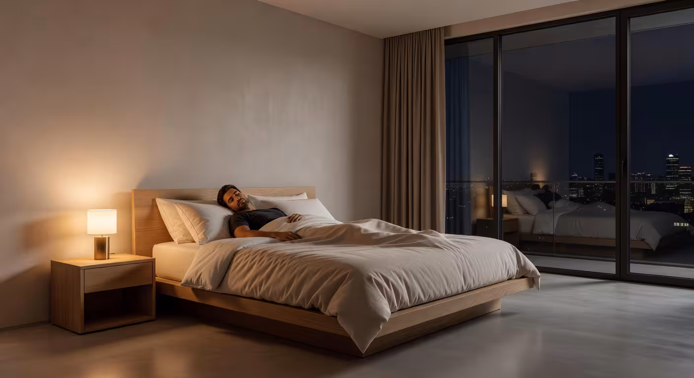 Dormitorio moderno de lujo con iluminación ambiental perfecta para dormir mejor