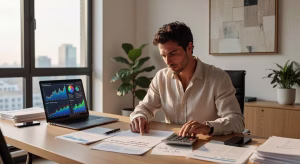 Hombre analizando documentos financieros para solicitar préstamo personal inteligente