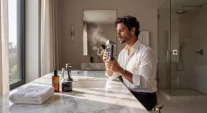 Hombre usando vaporizador facial moderno en rutina de grooming de lujo