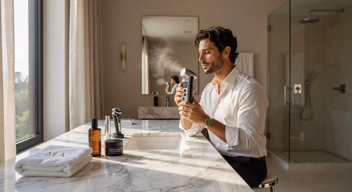 Hombre usando vaporizador facial moderno en rutina de grooming de lujo