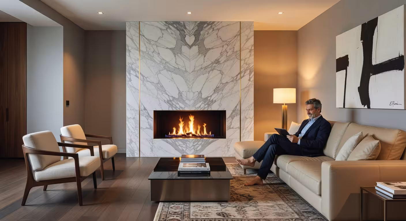 Mejora tu sala de estar con una chimenea: guía completa para elegir la ideal Sala de estar de lujo con chimenea lineal de gas y diseño minimalista moderno