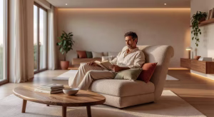 Salón de lujo moderno con sillón relax de diseño curvo, iluminación cálida ambiental y textiles naturales en tonos tierra