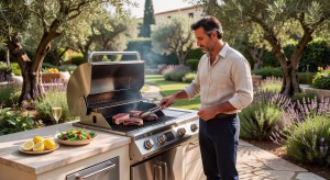 Hombre preparando carne en una barbacoa premium de gas en jardín mediterráneo