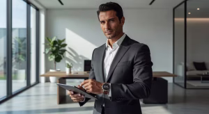 Smartwatch de lujo en la muñeca de un ejecutivo mostrando las ventajas de la tecnología wearable premium