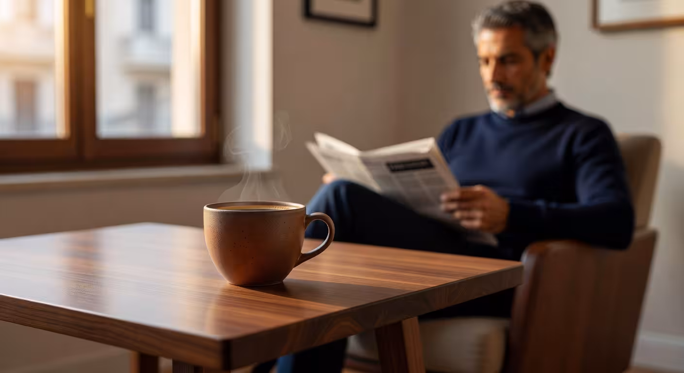 Taza de café humeante en ambiente minimalista representando el consumo moderado de café para la salud