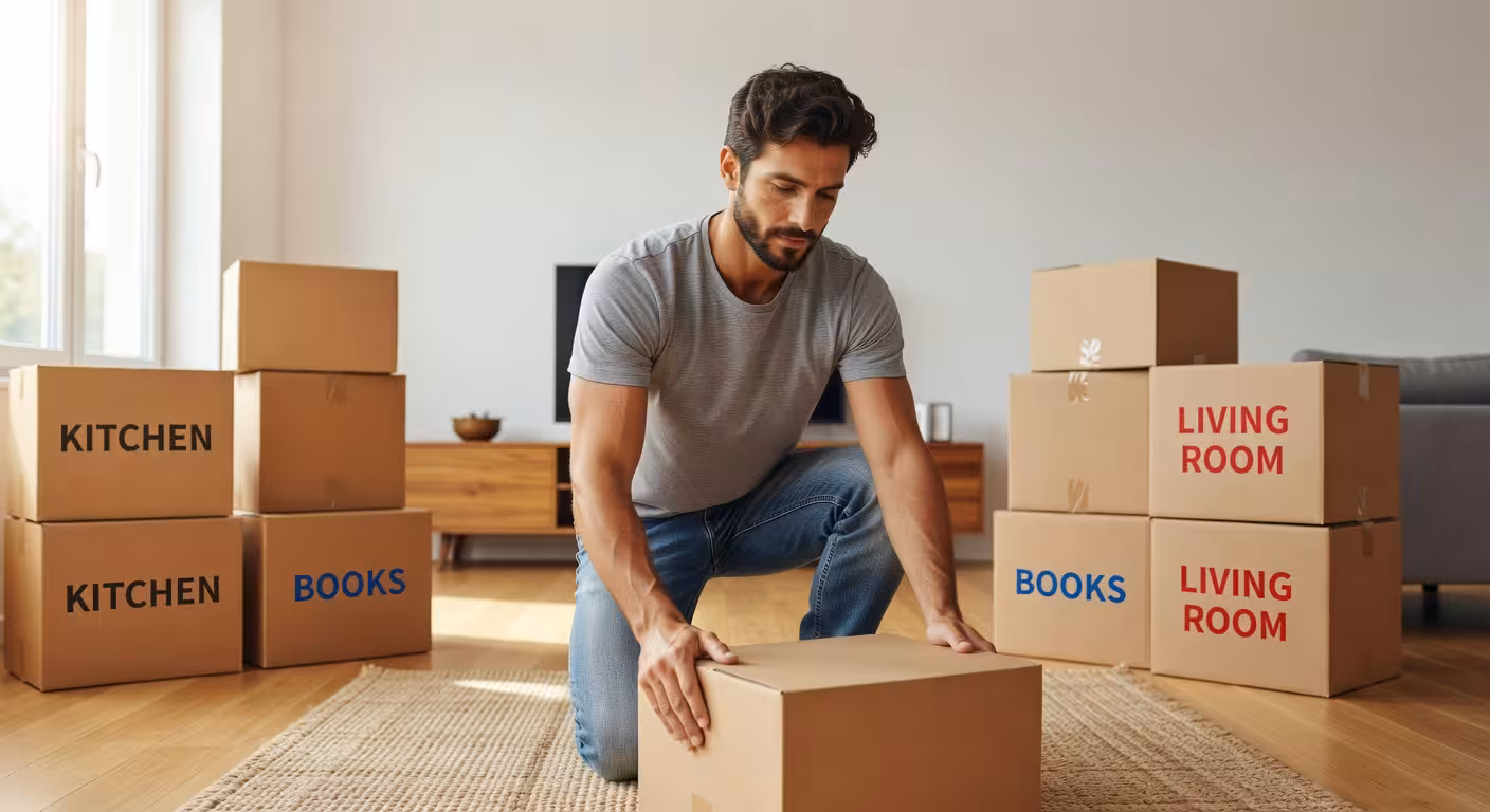 Cómo empacar de forma táctica y rápida para una mudanza: guía actualizada Hombre organizando cajas etiquetadas durante una mudanza en apartamento moderno