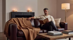 Por qué necesitas un plaid de lujo en tu hogar: 3 razones definitivas Plaid de cashmere de lujo sobre sofá de cuero en salón masculino moderno