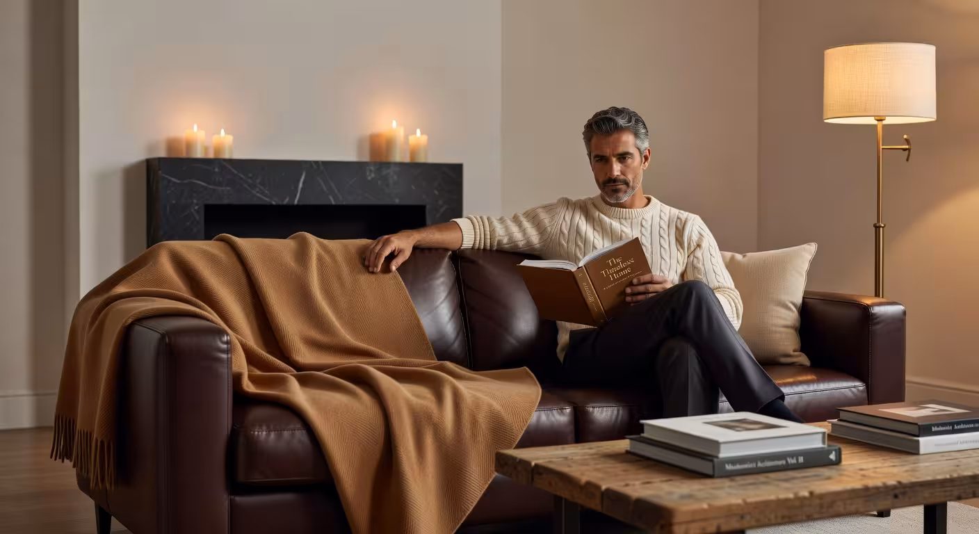 Plaid de cashmere de lujo sobre sofá de cuero en salón masculino moderno