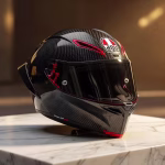 Casco de moto premium de fibra de carbono con acabado profesional sobre superficie de mármol