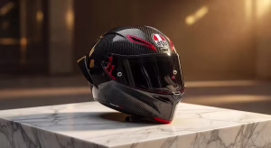 Casco de moto premium de fibra de carbono con acabado profesional sobre superficie de mármol