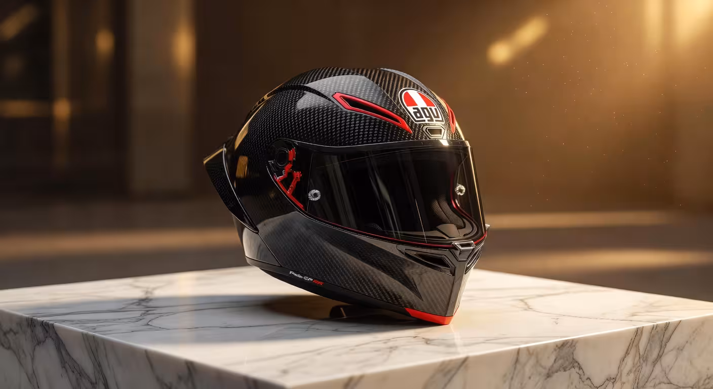 Casco de moto premium de fibra de carbono con acabado profesional sobre superficie de mármol