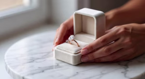 Anillo de compromiso de oro rosa con diamante ovalado sobre mármol blanco