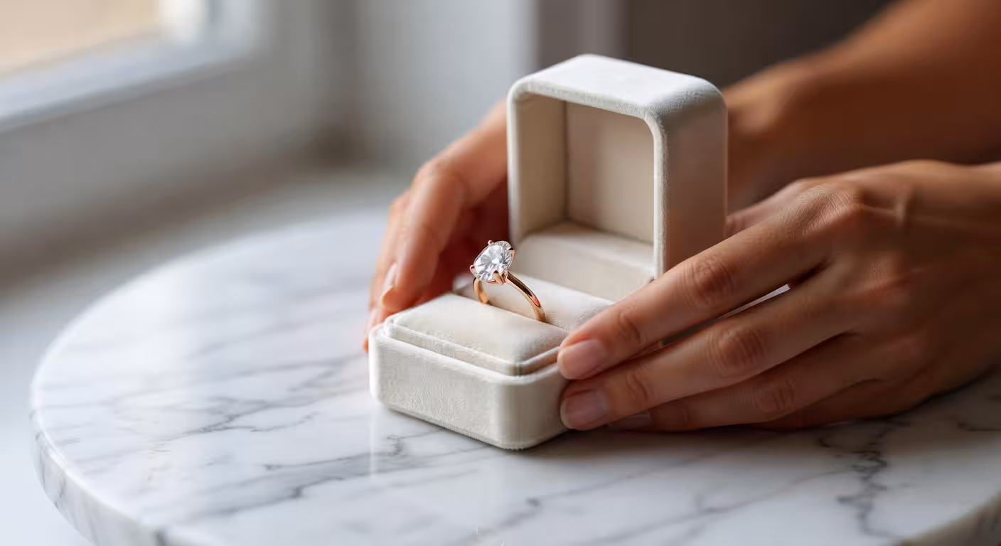 Anillo de compromiso de oro rosa con diamante ovalado sobre mármol blanco