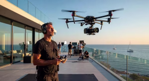 Operador profesional pilotando dron de cine Freefly Alta X en set de producción de lujo