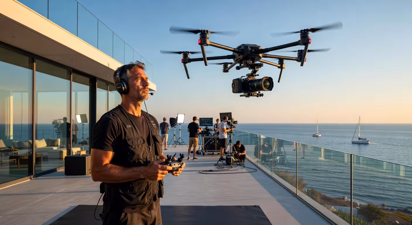 Operador profesional pilotando dron de cine Freefly Alta X en set de producción de lujo