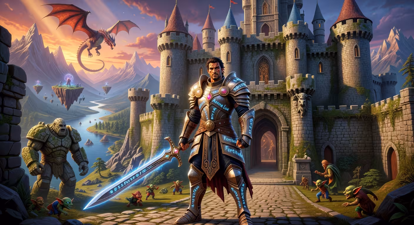 RuneScape: Guía definitiva con consejos y trucos para dominar Gielinor Guerrero explorando el mundo de RuneScape con armadura legendaria y paisaje fantástico