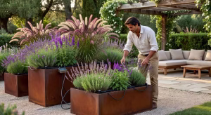 Jardín de lujo con jardineras de acero corten y sistema de riego inteligente