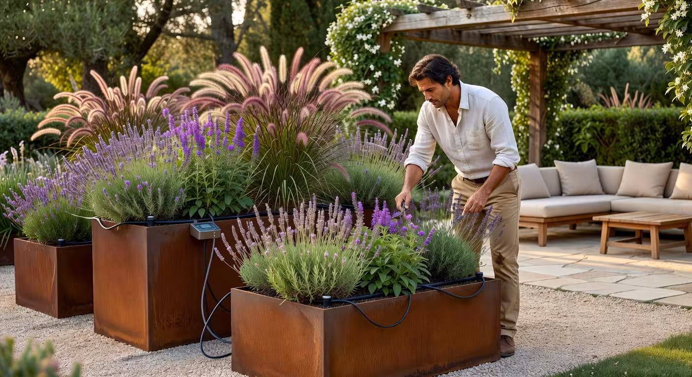 Cómo preparar tu jardín para el verano: 10 claves según las tendencias de paisajismo Jardín de lujo con jardineras de acero corten y sistema de riego inteligente